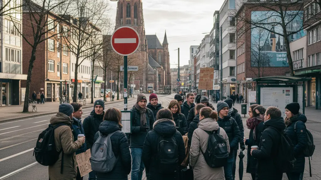 A diverse group of commuters at a closed bus stop in Dortmund, Germany, showing a mix of emotions during a public transport strike, with recognizable local architecture and a bright morning ambiance.
