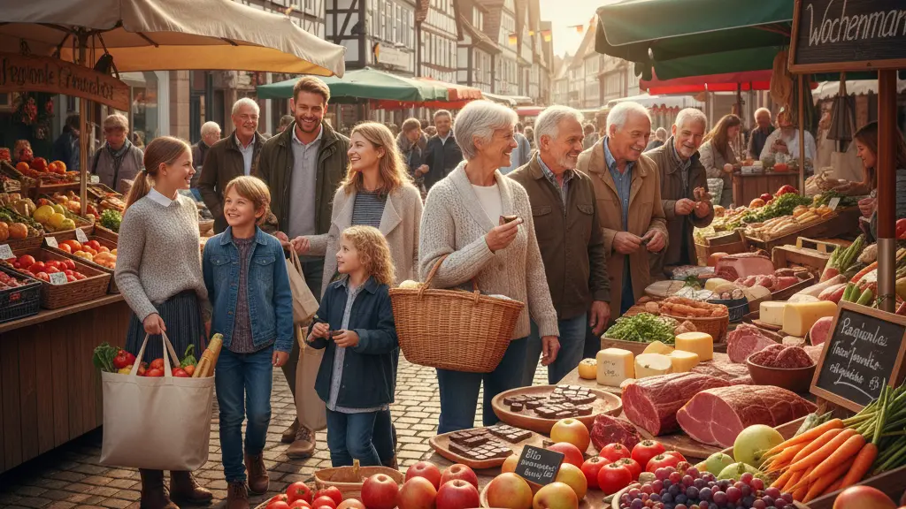 A diverse group of people joyfully shopping at a farmer's market in Germany, surrounded by vibrant displays of fruits, vegetables, chocolate, and meat products, with traditional German architecture in the background, emphasizing community resilience amidst rising food prices.