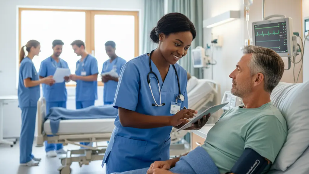 A compassionate female nurse of African descent checks the vitals of a middle-aged white male patient in a modern German hospital, highlighting teamwork and professionalism in healthcare.