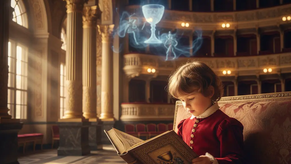 A curious child reading an ancient book in the opulent interior of Dresden's Semperoper, embodying the themes of imagination and exploration from Wagner's Parsifal, illuminated by warm light.