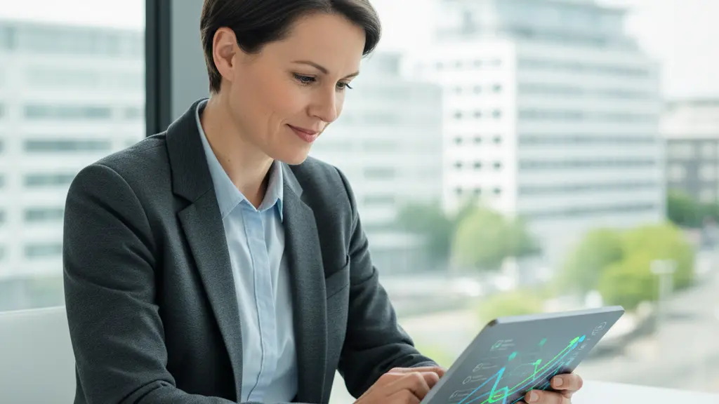 A confident person with modern European features in a bright, modern German office, intently reviewing a tablet screen. The screen displays an abstract visualization of personal data with glowing nodes and ascending trend lines in blues and greens, symbolizing clarity and control. A blurred contemporary German cityscape is visible through the window in the background.