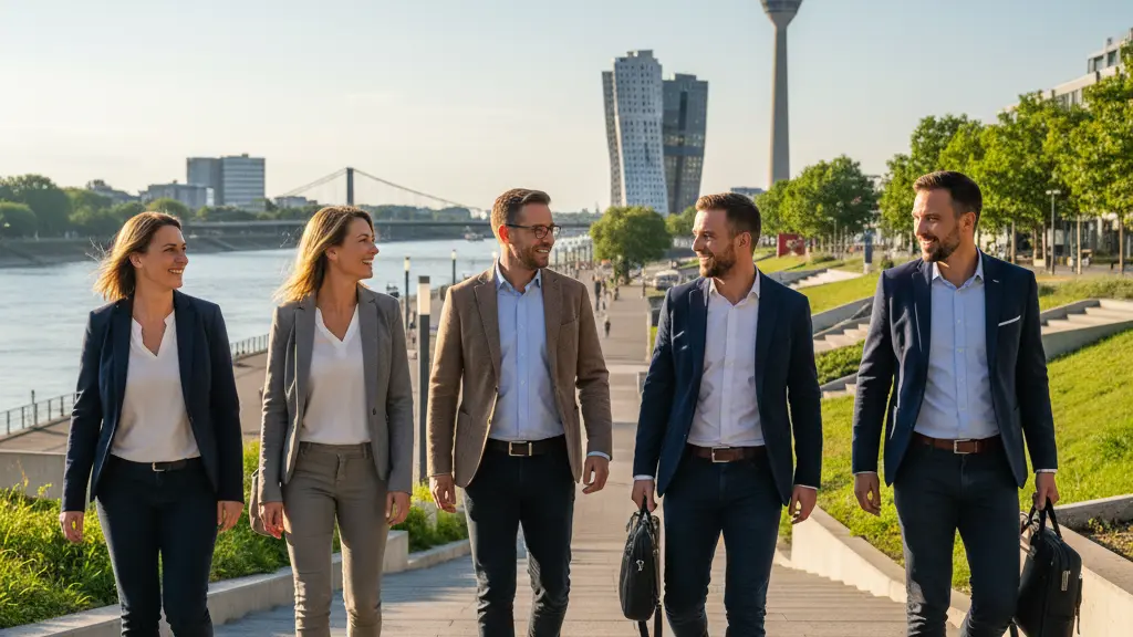 A highly realistic, professional photograph depicts five diverse individuals, smartly dressed, walking cheerfully and purposefully on a sunlit pedestrian path in Düsseldorf. They are centered in the frame, conveying positive energy and resilience. Iconic Düsseldorf landmarks like the Rheinturm and MedienHafen architecture are visible across the Rhine river in the soft-focus background, under a bright morning sky. The image is clean, high-resolution, and free of any text or graphical overlays.