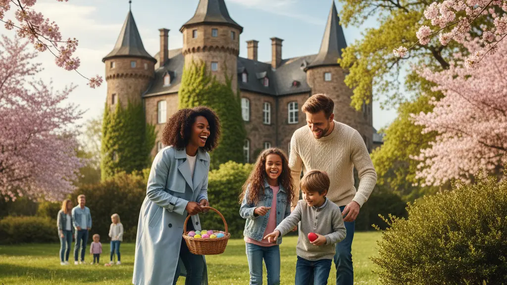 A happy family enjoying an Easter egg hunt in a picturesque park in North Rhine-Westphalia, Germany, with vibrant flowers, historic architecture, and a clear blue sky in the background.