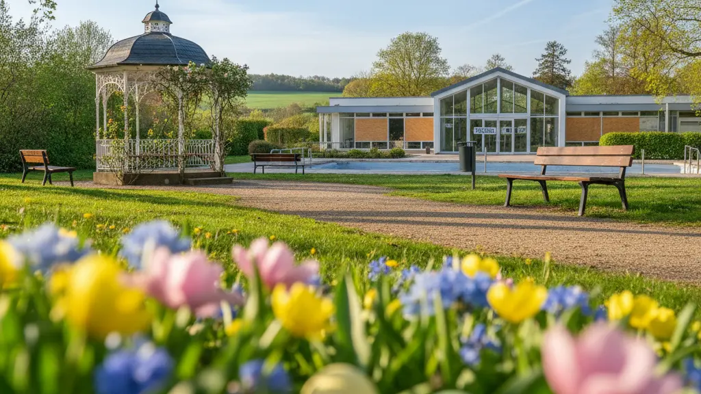 A serene park in Hamminkeln, Germany during Easter 2026, showcasing blooming spring flowers in the foreground with a closed indoor swimming pool in the background, symbolizing the absence of swimming activity during the holidays.
