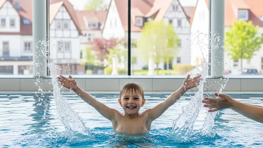 An ultra-realistic, high-resolution image showing a joyful child, approximately 7 years old, happily splashing in a modern indoor swimming pool in Germany. The child is centrally framed, smiling widely with arms outstretched amidst sparkling water droplets. In the background, visible through large windows, is a soft-focused German townscape with distinctive red-tiled roofs and spring trees. The scene is bathed in natural sunlight, conveying a bright, uplifting, and family-friendly atmosphere during the Easter holidays. No text is present in the image.