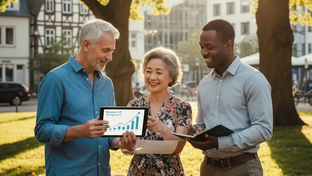 A diverse group of adults discussing retirement savings in a sunlit park, symbolizing the positive impact of the Riester 2.0 pension scheme in Germany.