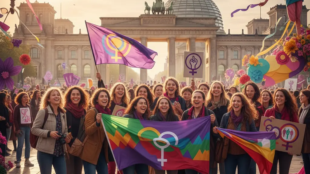 A diverse group of women joyfully celebrating International Women's Day in Berlin, with the Brandenburg Gate in the background, holding colorful banners and embracing each other, encapsulating a spirit of empowerment and unity.