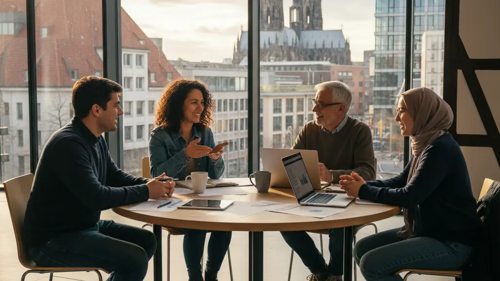 A diverse group of four individuals engaged in a positive discussion about financial literacy in a modern community center, with a lively urban skyline visible through large windows in the background, reflecting collaboration and understanding of new Schufa rules.