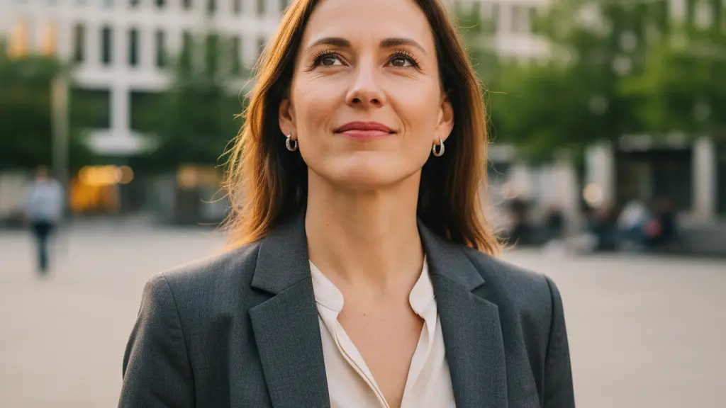 An ultra-realistic, high-resolution image depicts a confident German woman in her late 30s, centrally positioned and dressed in contemporary business casual attire. Her expression reflects optimism, determination, and a subtle smile. Behind her, a softly blurred modern German cityscape with sleek architectural lines and hints of a vibrant urban park is visible, creating a sense of forward-looking progress and community.