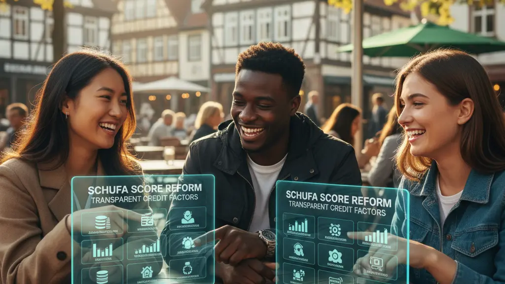 A diverse group of three young adults discussing transparent documents symbolizing the new Schufa credit scoring system outdoors, with recognizable German architecture in the background, conveying themes of financial empowerment and transparency.