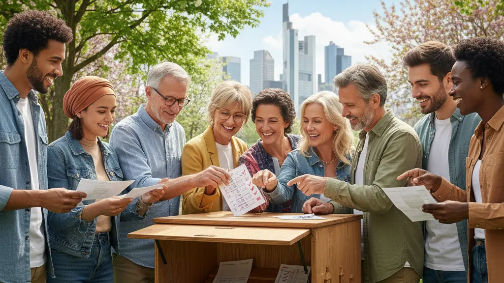 A diverse group of enthusiastic voters discussing their ballots at a voting booth outdoors in Hesse, with elements of Hessian architecture and nature in the background, symbolizing engagement and participation in democratic processes.
