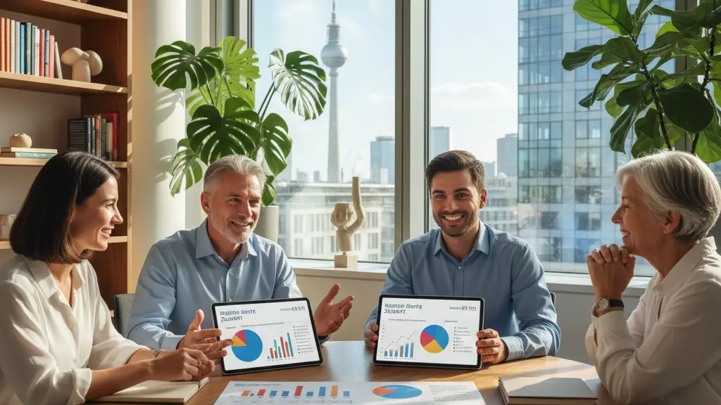 A diverse group of four people engaged in a positive discussion about private retirement savings in a modern German office, surrounded by vibrant charts and technology, with recognizable German architecture in the background.