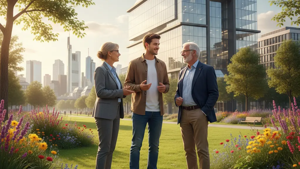 A diverse group of three people smiling and discussing confidently in a sunny park, with a modern futuristic building symbolizing innovation in financial services in the background, representing the positive impact of the Riester reform in Germany.