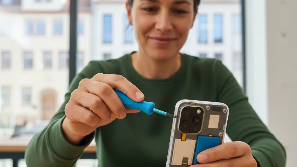 An ultra-realistic, vibrant image depicting a person's hands deftly reassembling a sleek, modular electronic device on a bright workbench, emphasizing ease of repair. In the softly blurred background, a characteristic German cityscape is visible through a window, providing regional context. The scene conveys empowerment, sustainability, and Germany's 'Right to Repair' initiative, with natural lighting and an optimistic atmosphere.