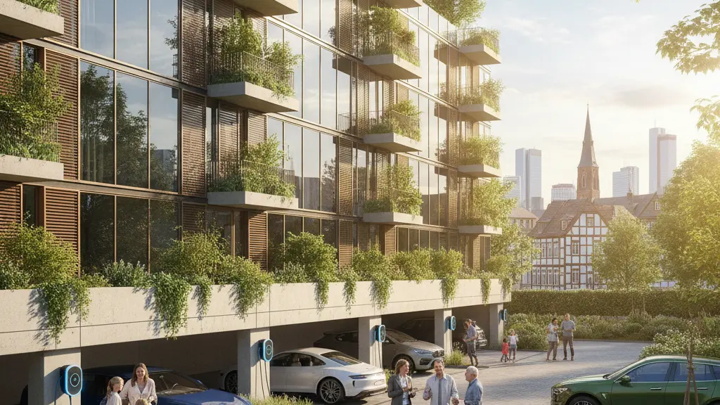 A modern apartment complex featuring EV charging stations with diverse residents happily interacting in a sunny urban setting, showcasing community and sustainability.