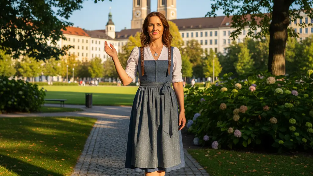 A confident woman in a casual German outfit stands in a sunlit urban park, raising her hand in a gesture of peace amidst a backdrop of iconic German architecture and greenery.