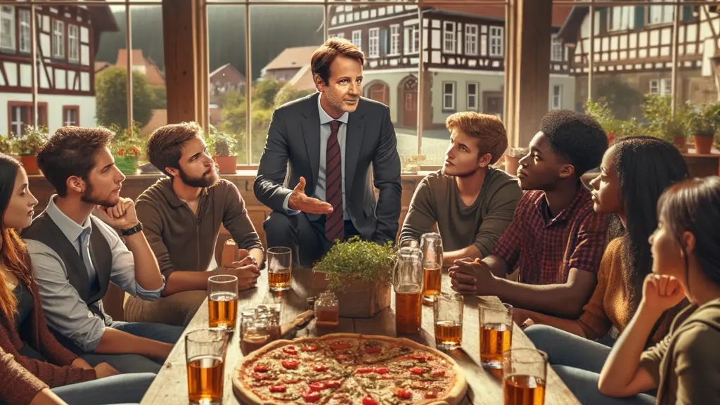 A photorealistic image of Jürgen Hardt discussing military service with diverse young people during a 'Pizza & Politics' event in Radevormwald, Germany, emphasizing engagement and community involvement.