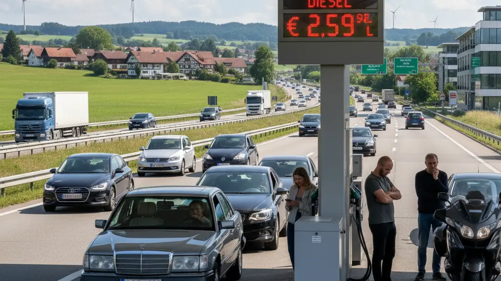 An ultra-realistic portrayal of a busy German highway with a fuel station showing diesel prices over €2.50, surrounded by various vehicles and German architecture, depicting the impact of rising fuel costs in 2026.