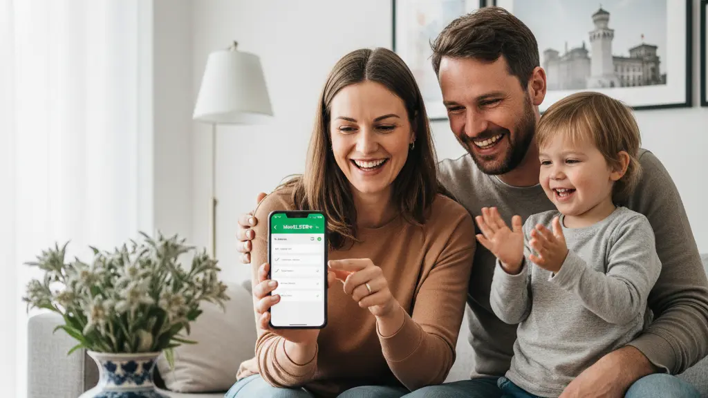 A happy family in a modern German living room joyfully using a smartphone with the 'MeinELSTER+' tax filing app, surrounded by minimalistic decor and iconic German landmarks in the background, depicting the ease of digital tax filing.