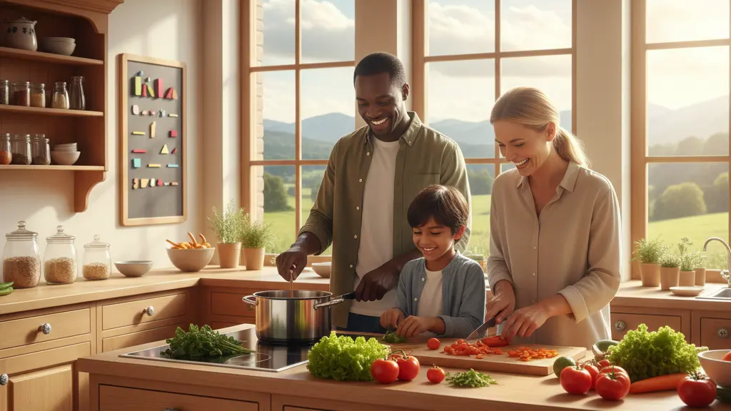 A diverse family joyfully cooking a meal together in a bright, inviting German kitchen, surrounded by fresh vegetables and a view of lush green fields outside.