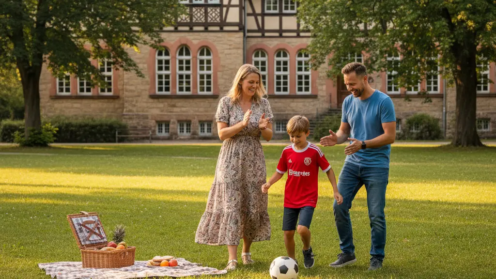 A joyful family in a sunlit park in Germany, playing together with football, showcasing the positive experience of choosing a Realschule for their child.