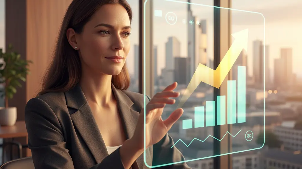 A serene, mid-30s woman confidently interacts with a glowing, transparent digital display showing a high financial score and positive trend, embodying understanding and control over personal finance. She is in a modern office, with a soft-focused Frankfurt am Main financial district cityscape visible through a window at golden hour, grounding the scene in Germany. The image conveys transparency and empowerment.