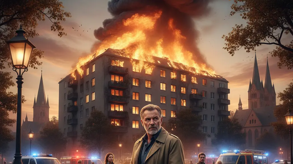 A dramatic scene in Frankfurt (Oder) with a burning apartment building, flames and smoke rising, while emergency services respond and investigators assess the chaotic situation. The image captures the intensity of a fictional 'Tatort' investigation set in 2026, showcasing urban architecture and the urgency of community response.