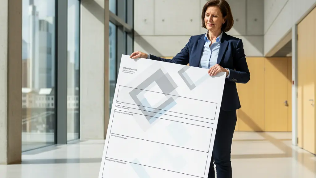 A close-up, photorealistic image of a middle-aged person in Frankfurt, Germany, carefully holding and examining a remarkably large, blank election ballot. The person has a thoughtful expression with a slight smile. In the blurred background, Frankfurt's modern skyline, including the European Central Bank, is visible through a large window. The image conveys civic engagement and the unique scale of the Frankfurt municipal election.