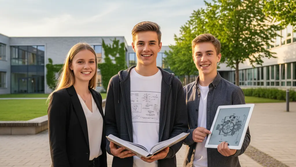 Three confident and smiling German teenagers, two male and one female, stand side-by-side in the foreground of a modern German school campus. The central male student holds a science textbook, while the female student points to a technical drawing on a tablet held by the second male student, symbolizing diverse academic and vocational paths. The background shows a clean, modern school building and green landscaping under a bright sky. The image conveys optimism about varied educational journeys.