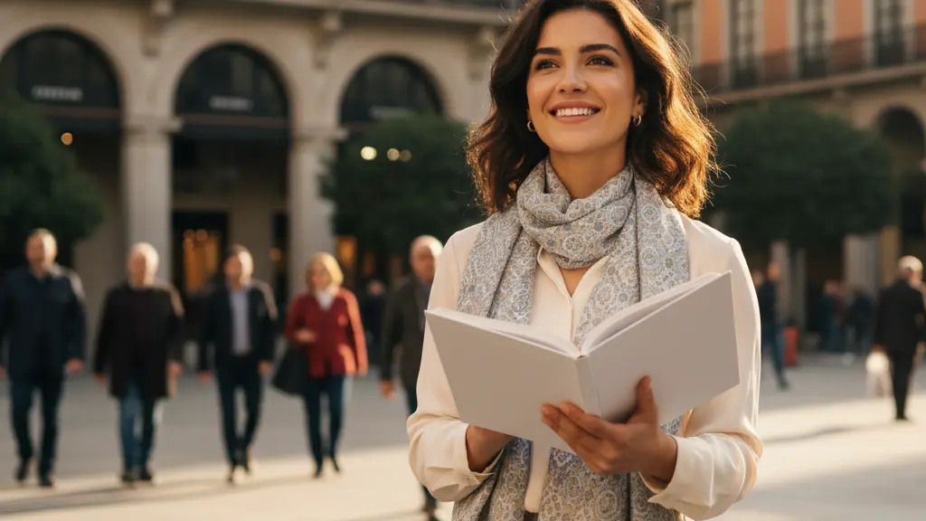 An ultra-realistic image of a radiant young woman in a European city plaza during golden hour. She holds an open, blank journal, smiling optimistically forward. Her scarf features subtle Persian-inspired patterns. Elegant European architecture and diverse, peaceful people are softly blurred in the background, signifying hope, cultural integration, and global stability.