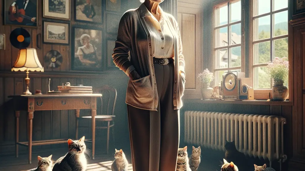 A photorealistic image of Gaby Baginsky, a 72-year-old schlager singer, standing in a sunlit room surrounded by her eleven cats, reflecting warmth and resilience. Vintage musical memorabilia decorates the background, with a view of German architecture visible through the window.