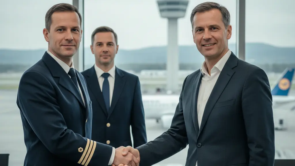 A photorealistic image showing a male German airline pilot and a male German airline executive shaking hands firmly in a modern airport conference room, symbolizing a successful agreement. A second pilot stands behind. Through large windows, a blurred view of a German airport control tower and a passenger jet on the tarmac is visible. The scene is brightly lit, conveying unity and progress.
