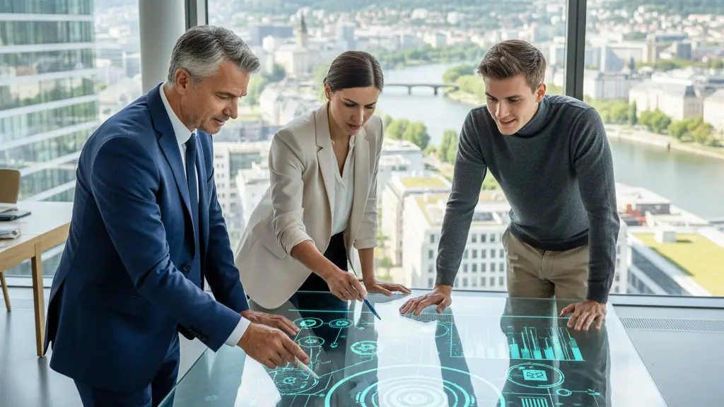 An ultra-realistic photograph showing three diverse professionals – an older man, a younger woman, and a young man – in a modern German research center. They are intently collaborating around a glowing, translucent holographic table displaying complex, abstract data visualizations and solution pathways. Through large windows, a clean German cityscape is visible in the background. The scene is bright, optimistic, and emphasizes collaborative problem-solving and innovation.