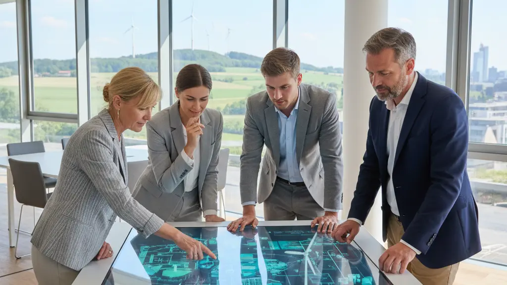 A diverse group of four German professionals – an engineer, a data scientist, an architect, and a sustainability expert – are collaboratively engaged in a design session around a glowing holographic table. They are discussing and visualizing advanced sustainable infrastructure and renewable energy solutions. The setting is a bright, modern German innovation center with large windows that overlook a serene German landscape, featuring distant wind turbines or a modern city skyline. The scene conveys focused optimism and a commitment to progress and sustainability.