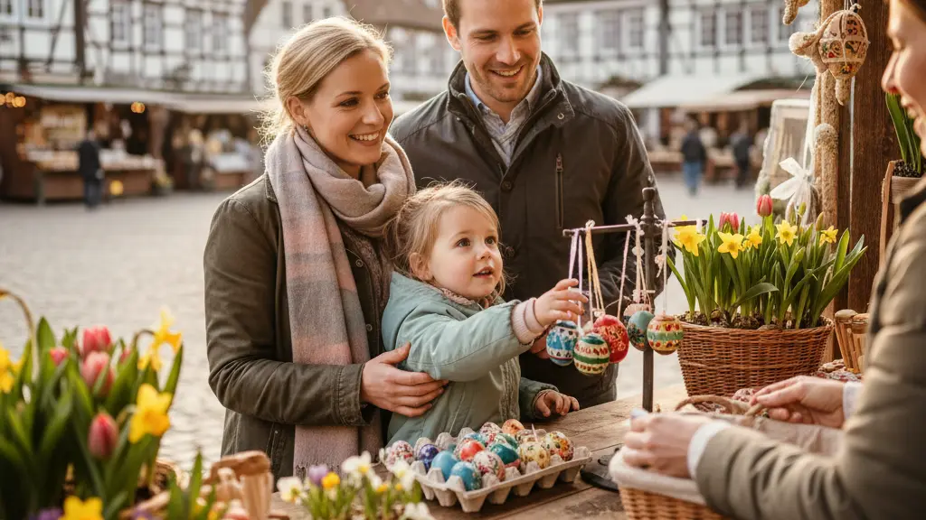 A young German family, including a mother, father, and small child, joyfully engages with a vibrant traditional Easter market stall. The child reaches for intricately painted wooden Easter eggs and fresh spring flowers. In the background, blurred traditional German half-timbered houses and a historic church steeple establish the location as a festive German market. The scene is bathed in warm, golden spring light, conveying a sense of wonder and family connection.