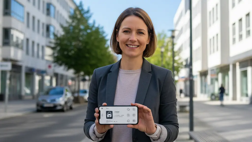 An ultra-realistic photograph of a confident, smiling woman, 25-35 years old, holding a smartphone centrally, displaying a modern digital driver's license interface. She is dressed in smart-casual attire in a clean, contemporary German urban setting with blurred architectural elements and a subtle modern car in the background. The image, free of any text, highlights convenience and the positive impact of digital innovation.