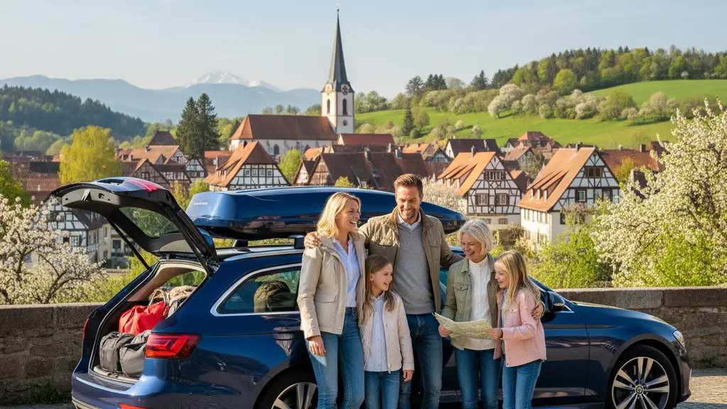 An ultra-realistic, photorealistic image depicting a joyful German multi-generational family (parents, two children, a grandparent) in modern travel attire, standing centrally beside their packed, sleek dark blue family car at a scenic German overlook. They are excitedly beginning an early spring road trip. In the background, a picturesque German village with traditional half-timbered houses and a church spire is nestled among vibrant green rolling hills, with distant snow-capped mountains under a clear, bright blue sky. The scene conveys happiness and the anticipation of an extended holiday. No text or logos are present.