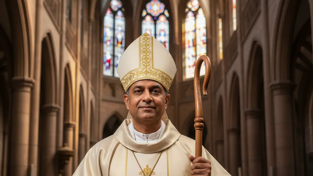 A photorealistic image of a dignified Indian man in his late 40s, wearing traditional white and gold Catholic episcopal vestments. He stands centrally within a grand German Gothic cathedral, holding a wooden crosier and pectoral cross, looking forward with a serene, hopeful expression. Golden light streams through stained-glass windows, creating an uplifting atmosphere. The image symbolizes diversity, spiritual leadership, and unity within the German Catholic Church.
