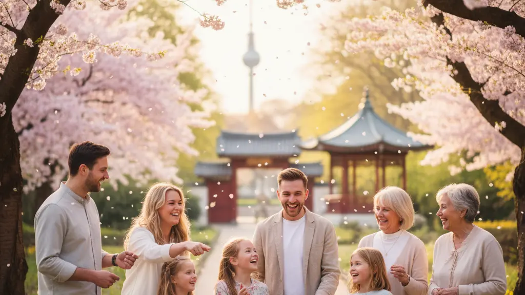 An ultra-realistic, vibrant photograph capturing a diverse group of smiling people joyfully celebrating amidst abundant pink and white cherry blossoms in a German park. The scene, bathed in warm golden hour light, features subtle Asian garden architecture and the distant silhouette of the Berlin TV Tower, clearly indicating a German setting. The image conveys a positive, communal spring atmosphere.