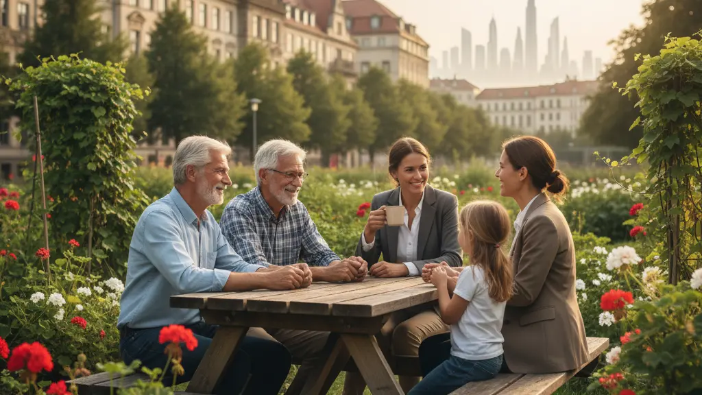 An ultra-realistic image of a diverse, intergenerational group smiling and interacting warmly in a sunlit German park, with historic German architecture in the mid-ground and a faint, hazy silhouette of modern skyscrapers on the distant horizon. The scene conveys community support, democratic unity, and global resilience.