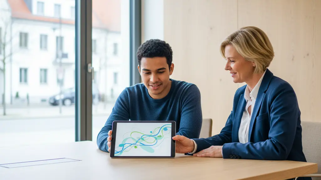 A vibrant, photorealistic image of a young adult, appearing hopeful and determined, sitting across a modern table from a supportive, smiling professional counselor. They are both looking intently at a tablet on the table which displays an abstract, colorful graphic representing progress and future opportunities. The scene is set in a brightly lit, modern German vocational guidance center, with large windows revealing a softly blurred but distinctly German urban streetscape featuring contemporary architecture and well-maintained greenery. The image conveys a positive message of support, guidance, and new beginnings towards employment in Germany, highlighting empowerment and future prospects through social welfare.