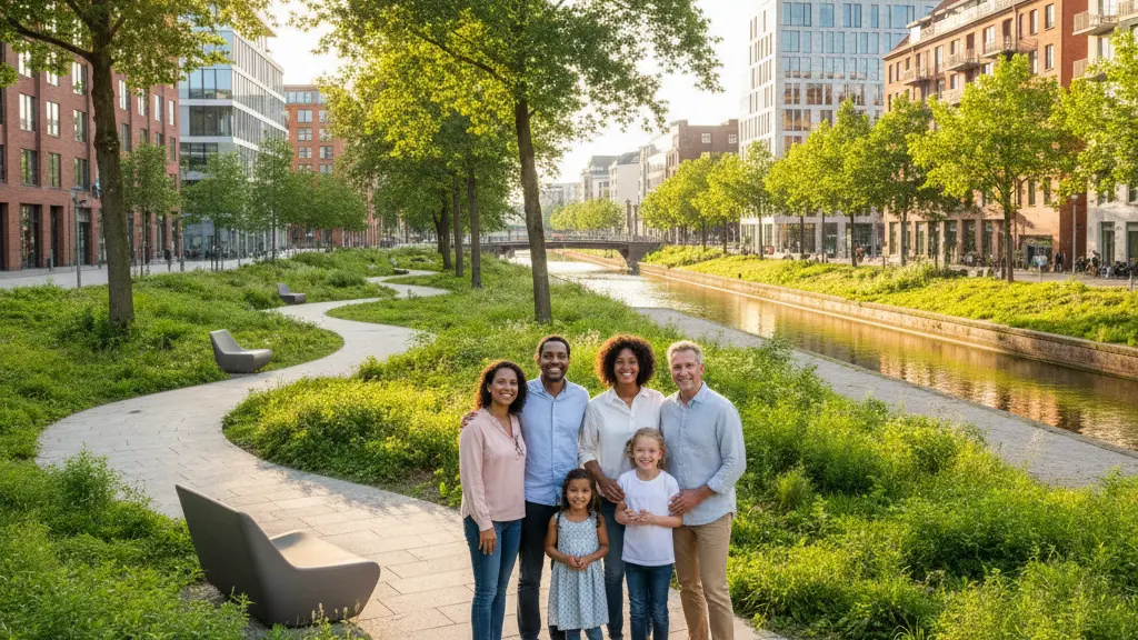 An ultra-realistic, professionally composed image showing a diverse family (parents, child, elderly relative) smiling and looking optimistically forward in a beautiful, green urban park in North Hamburg, Germany. The park features lush trees and modern pathways. In the background, classic Hamburg red-brick architecture blends with contemporary buildings and a tranquil canal under a clear, bright sky. The scene is bathed in warm sunlight, conveying a sense of community, sustainability, and a clean urban future for Hamburg, free of text or overlays.