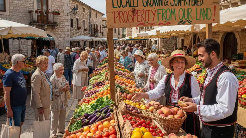 A bustling farmers market in a Mediterranean setting, featuring farmers interacting with customers, showcasing fresh fruits and vegetables against a backdrop of traditional architecture and a bright blue sky.