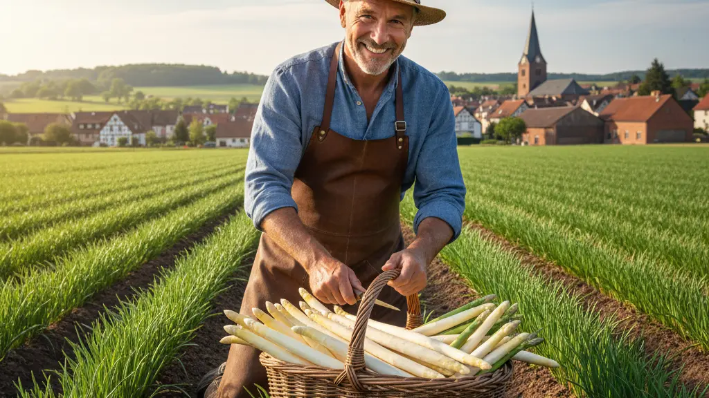 A farmer in traditional attire harvesting fresh asparagus in a lush green field in Osnabrück, with recognizable German architecture in the background under a bright blue sky.