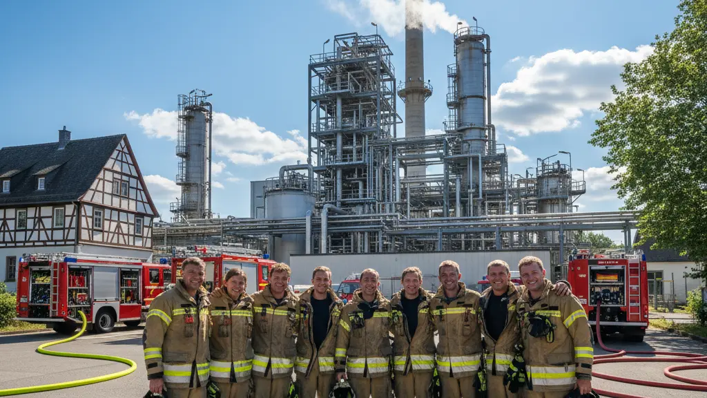 A diverse group of smiling firefighters celebrating their success in combating a fire at a chemical plant, with smoke in the background and recognizable architectural elements of Groß-Umstadt.