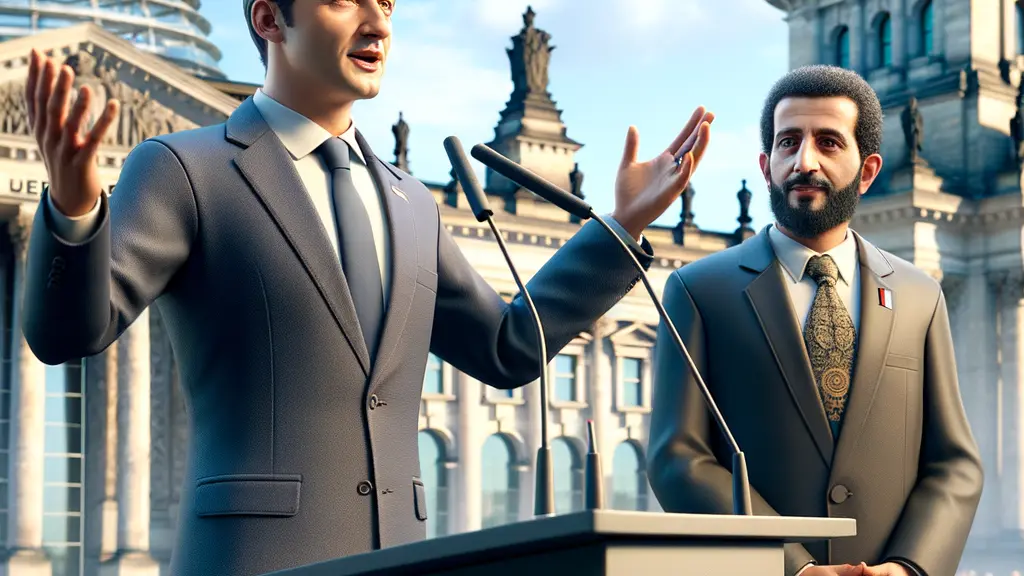 Chancellor Friedrich Merz and Syrian Transitional President Ahmed al-Scharaa at a press conference in Berlin, discussing return plans for Syrian refugees, with a background of Berlin's government architecture.