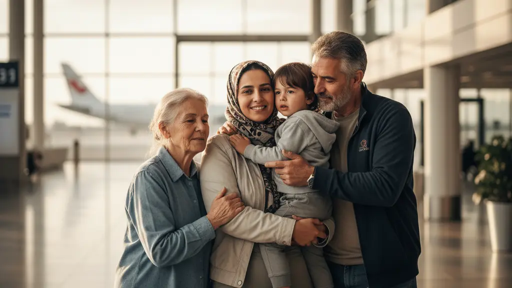 A high-resolution, photorealistic image depicting a multi-generational family reunion at a modern, clean airport arrival hall in Germany. Centered in the frame, a woman holding a young child is deeply embraced by an older family member, while an elderly relative stands nearby, their faces showing profound relief, joy, and gratitude. The subtle design elements in the arriving family's attire hint at their Middle Eastern origin. The background is a softly blurred, contemporary airport interior with warm, natural light. The image conveys an uplifting message of safety, hope, and new beginnings after hardship.