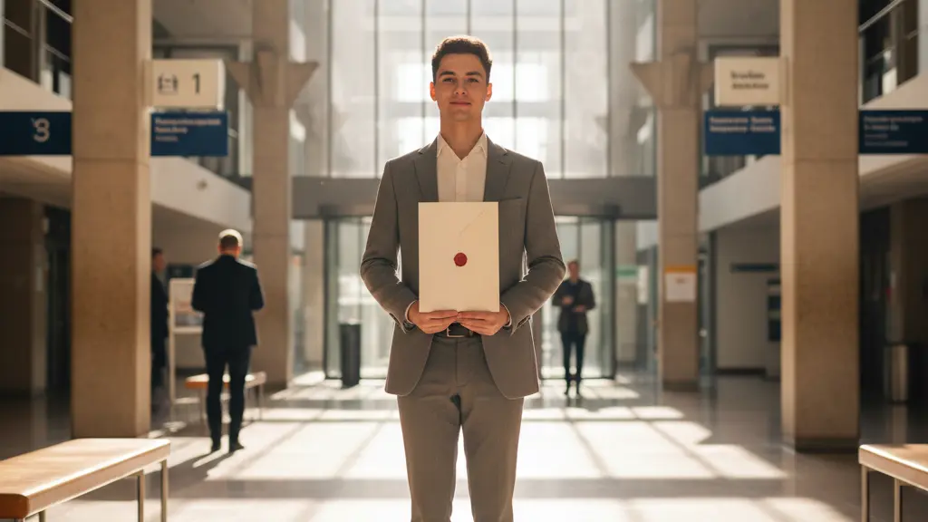 A photorealistic image of a diverse young adult standing composedly in a sunlit, modern German administrative building foyer, holding a legal document with a serene and hopeful expression. Through large, clean windows, a blurred but recognizable prosperous German cityscape is visible in the background. The scene conveys dignity and optimism within the legal process, professionally composed with warm, natural lighting and a clean aesthetic. There is no text, borders, or distracting elements.