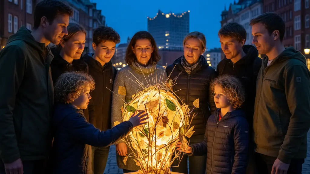 A photorealistic image showing a diverse group of children, teenagers, and adults gathered around a glowing, eco-themed light sculpture in a dimly lit community square in Hamburg, Germany, during Earth Hour. The subjects, with expressions of wonder and hope, are illuminated by the warm light of the sculpture. In the background, iconic red-brick Hamburg buildings and the Elbphilharmonie are subtly visible in the dark, with city lights noticeably dimmed, conveying community action for climate protection.