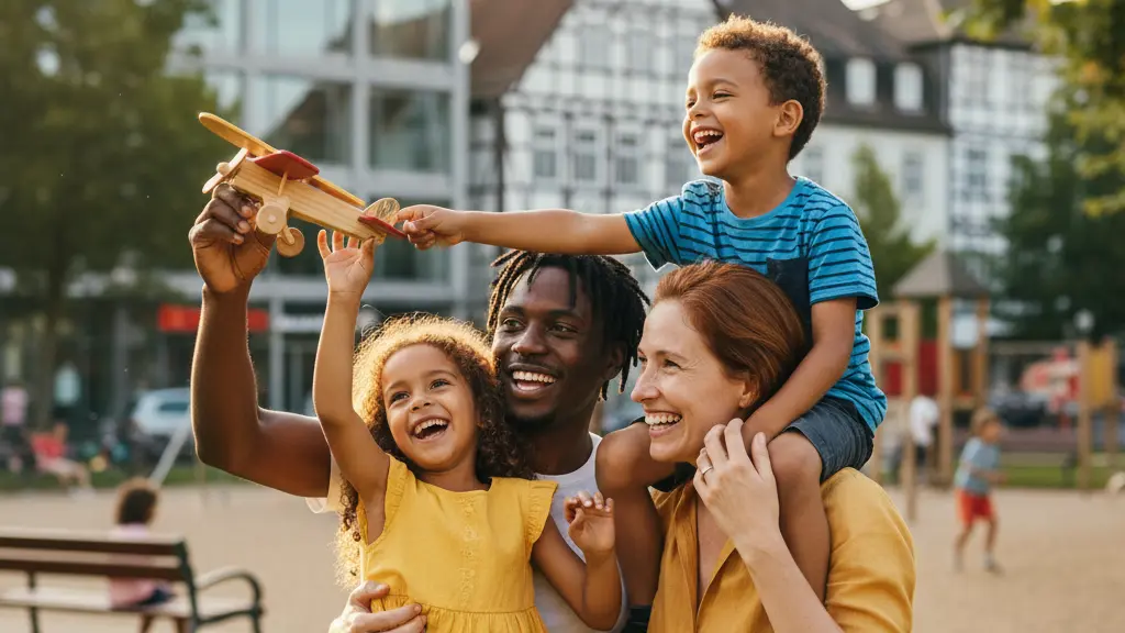 A diverse family of four, including two young children, joyfully playing together in an urban park, surrounded by recognizable German architecture, radiating warmth and unity.